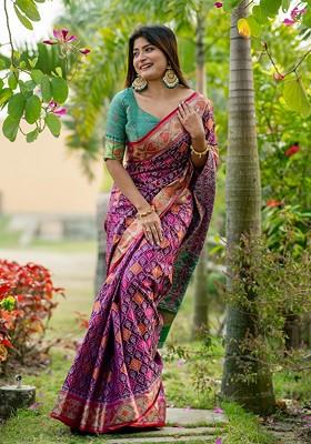 Purple Abstract Print Silk Saree Set