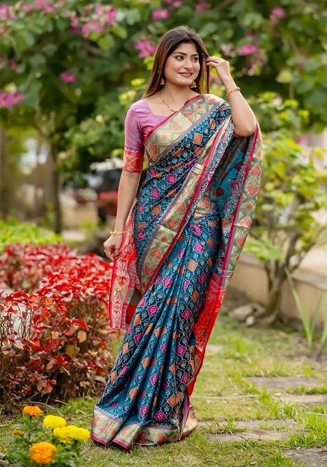 Blue Abstract Print Silk Saree Set