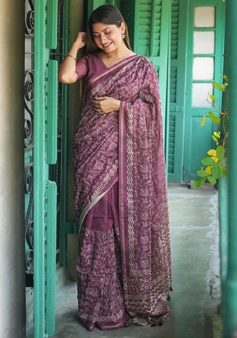 Pink Abstract Print Art Silk Saree Set