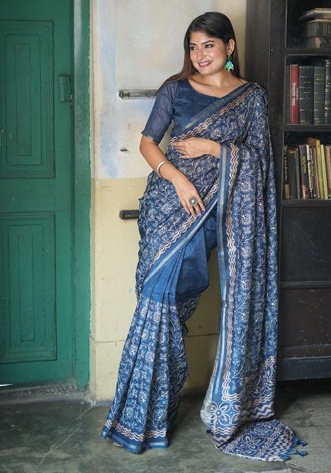 Blue Abstract Print Art Silk Saree Set