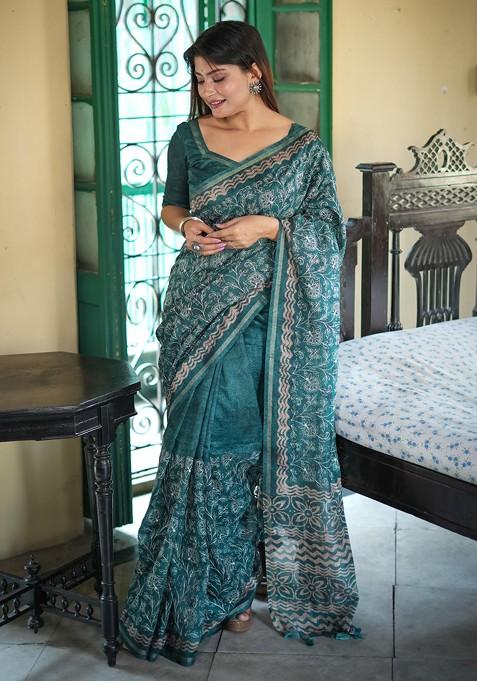 Green Abstract Print Art Silk Saree Set