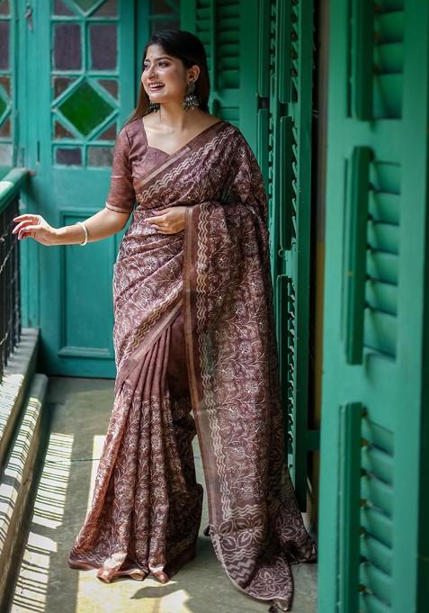 Brown Abstract Print Art Silk Saree Set