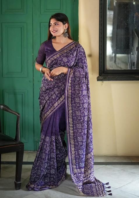 Lavender Abstract Print Art Silk Saree Set