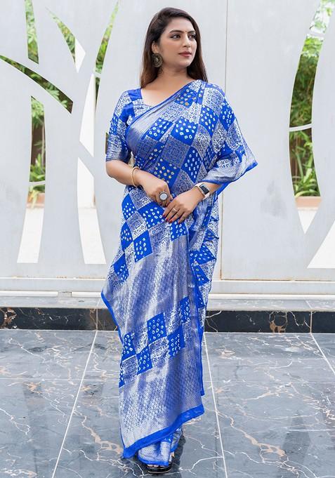 Blue Bandhej Woven Silk Saree Set