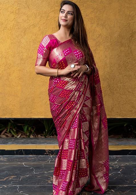 Pink Bandhej Woven Silk Saree Set