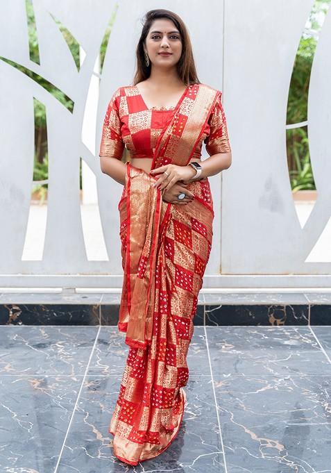 Red Bandhej Woven Silk Saree Set