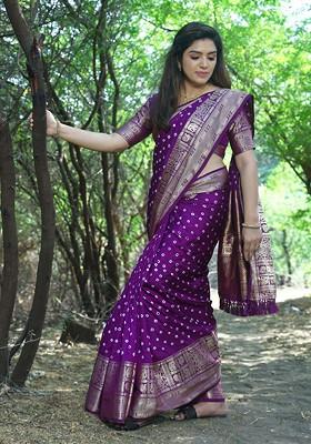 Purple Zari Woven Silk Saree Set
