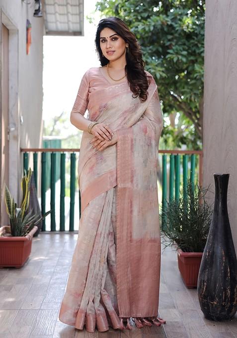 Peach Abstract Print Silk Saree Set