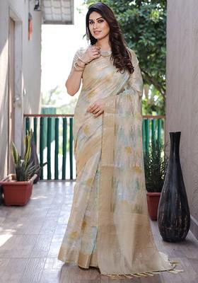 Green Abstract Print Silk Saree Set