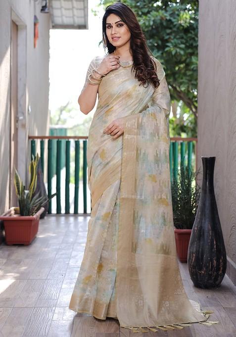 Green Abstract Print Silk Saree Set