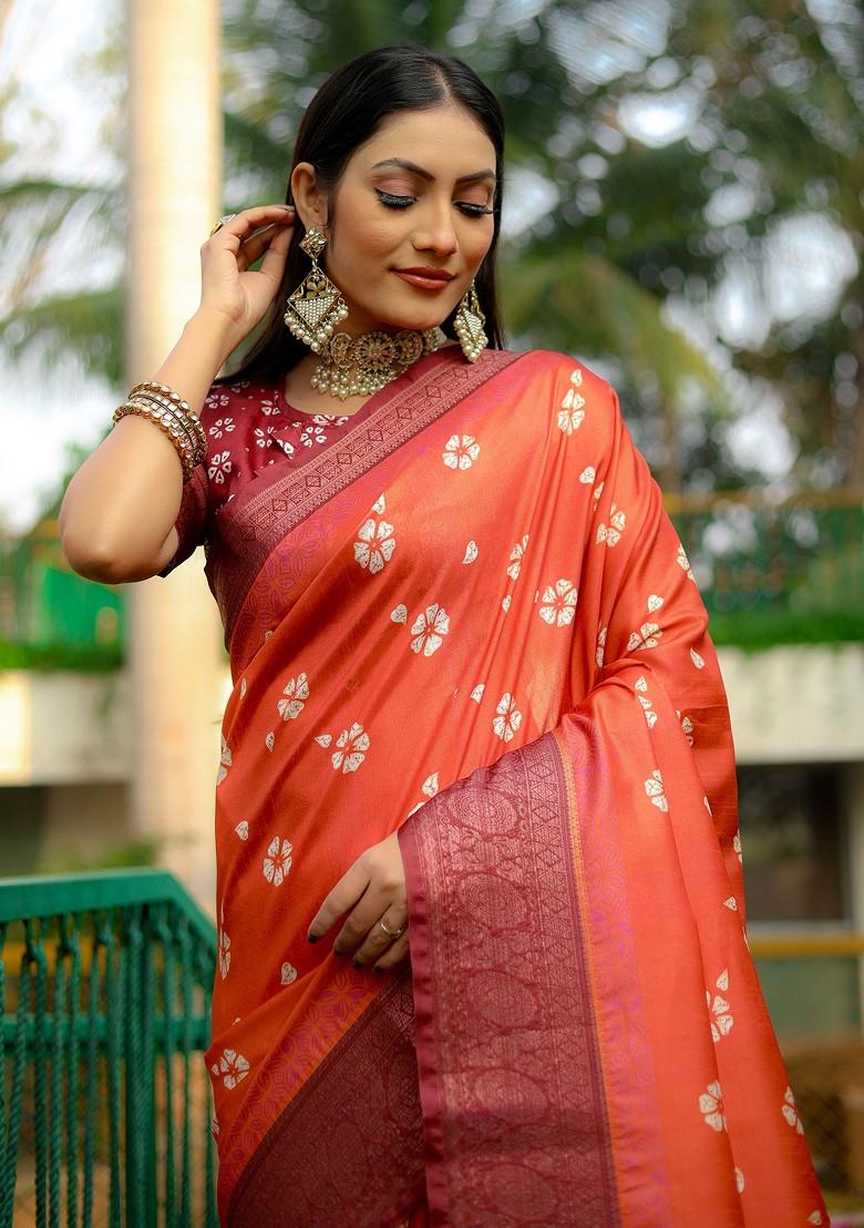 Orange Abstract Print Silk Saree Set