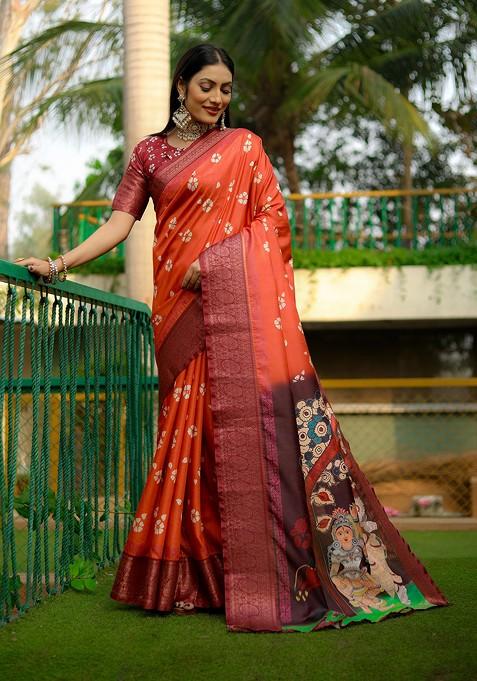 Orange Abstract Print Silk Saree Set