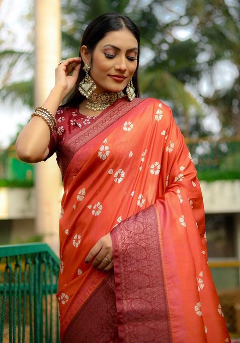 Orange Abstract Print Silk Saree Set