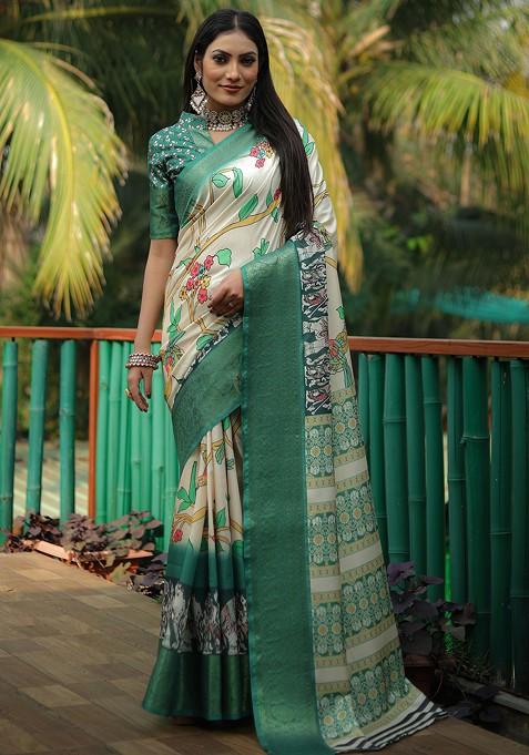 Cream Abstract Print Silk Saree Set