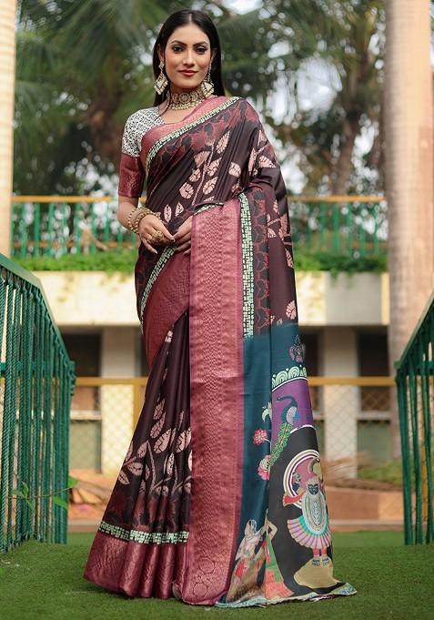 Coffee Brown Abstract Print Silk Saree Set