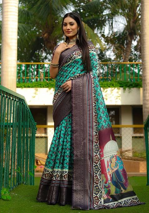 Sea Green Abstract Print Silk Saree Set