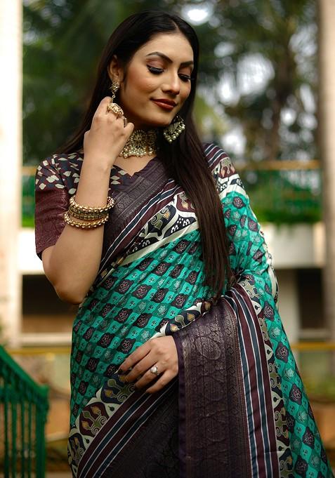 Sea Green Abstract Print Silk Saree Set