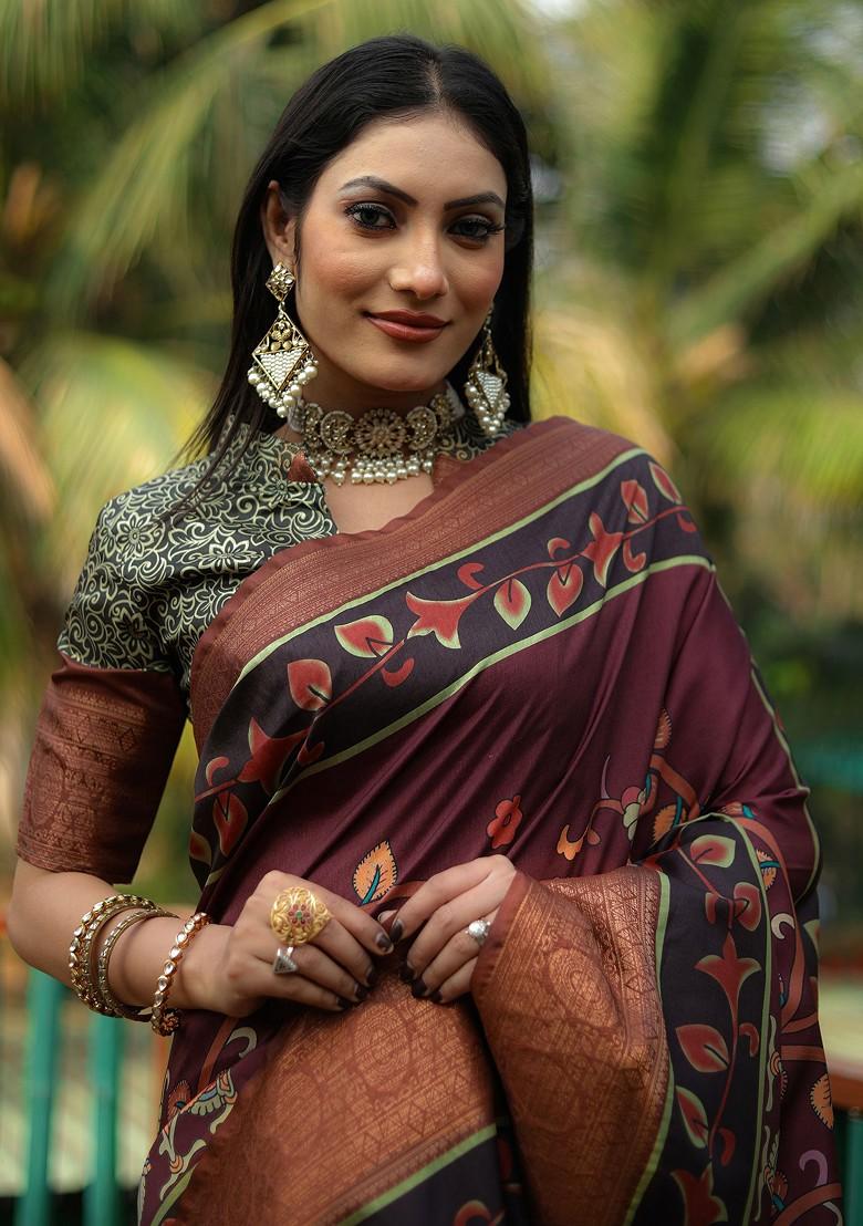 Wine Abstract Print Silk Saree Set