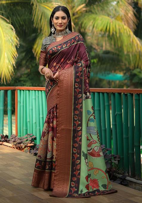 Wine Abstract Print Silk Saree Set