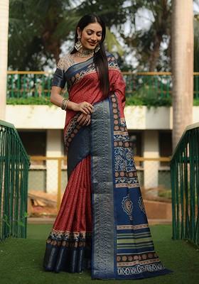 Burgundy Abstract Print Silk Saree Set