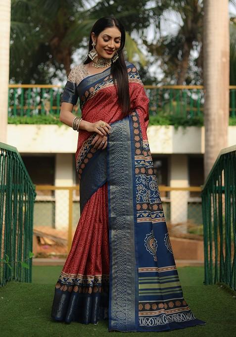 Burgundy Abstract Print Silk Saree Set