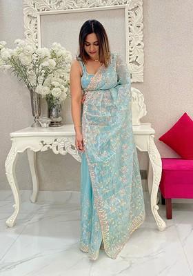 Sky Blue Sequin Embroidered Art Silk Saree Set