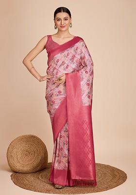 Pink Floral Print Silk Saree Set