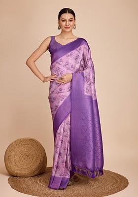 Lavender Floral Print Silk Saree Set