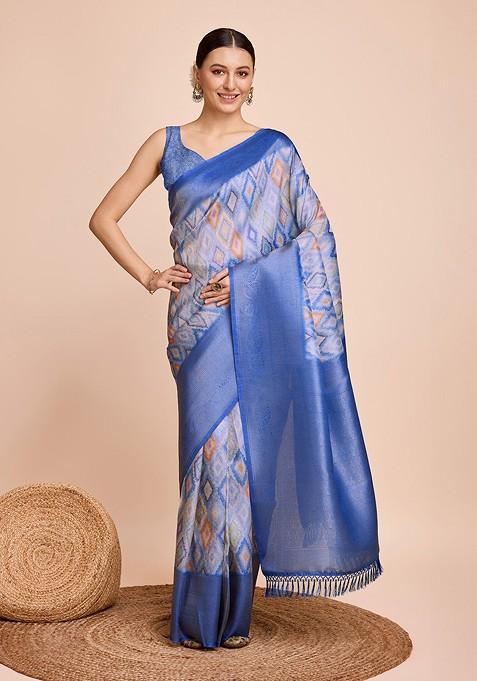 Blue Floral Print Silk Saree Set