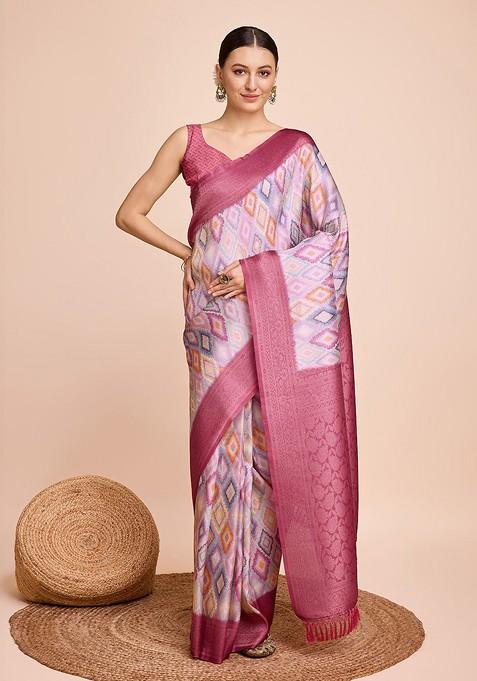 Pink Floral Print Silk Saree Set