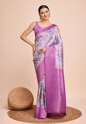 Purple Floral Print Silk Saree Set
