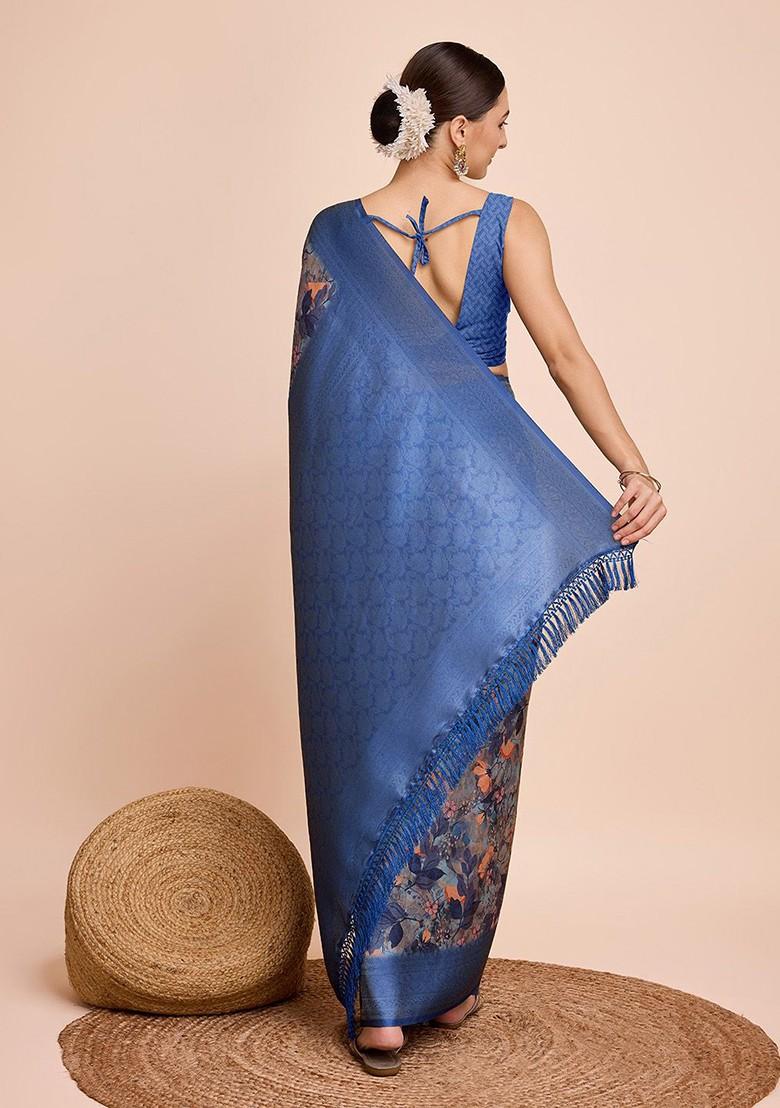 Blue Floral Print Silk Saree Set - Indya