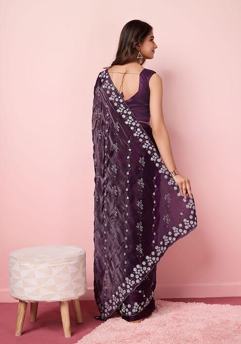 Wine Sequin Embroidered Art Silk Saree Set
