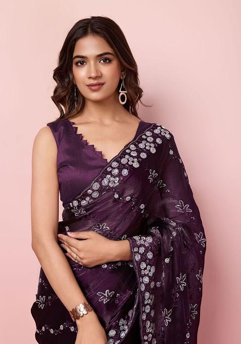 Wine Sequin Embroidered Art Silk Saree Set