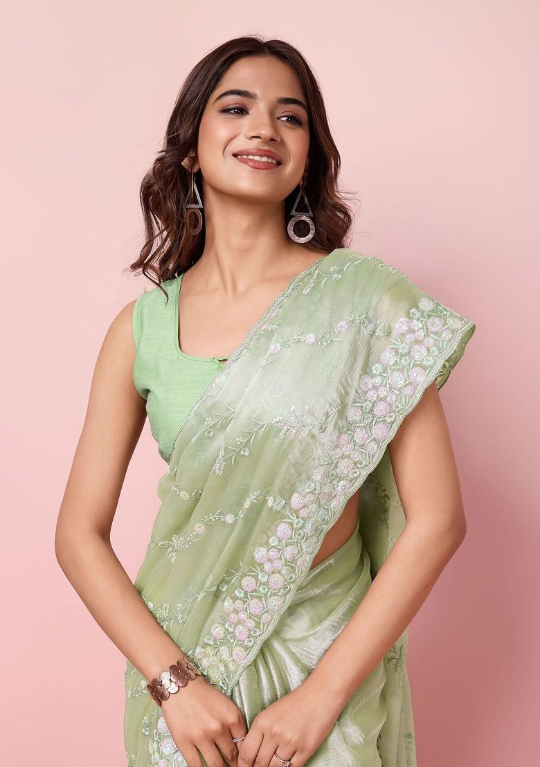 Green Sequin Embroidered Art Silk Saree Set