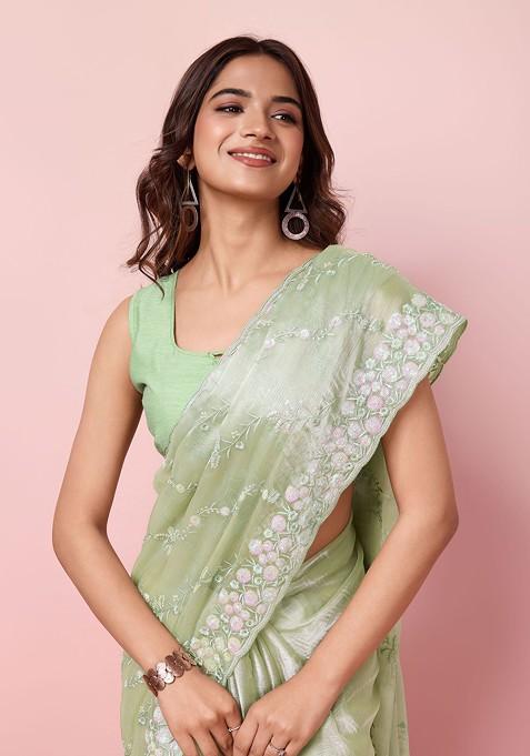 Green Sequin Embroidered Art Silk Saree Set