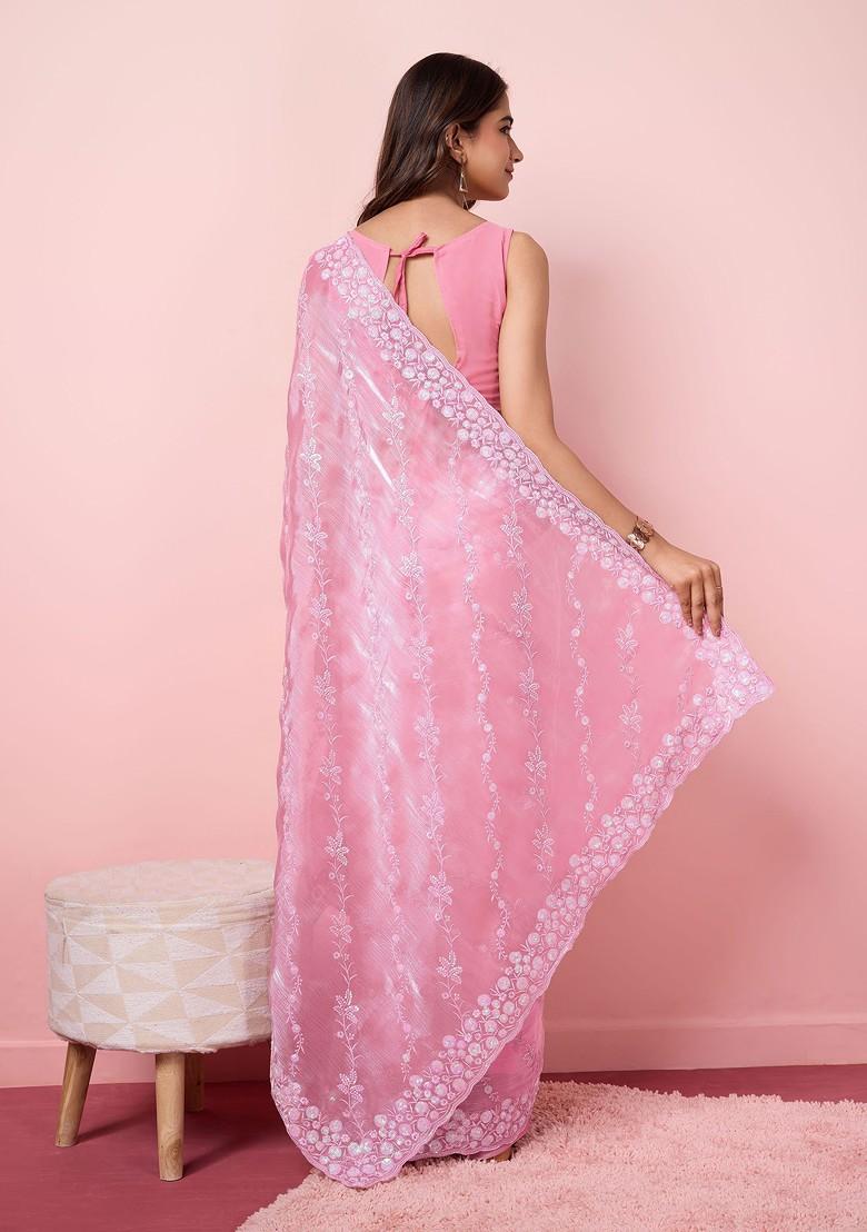 Pink Sequin Embroidered Art Silk Saree Set