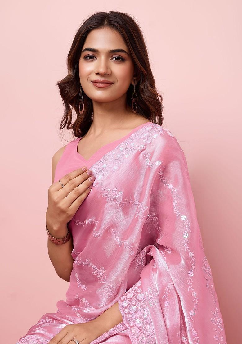 Pink Sequin Embroidered Art Silk Saree Set