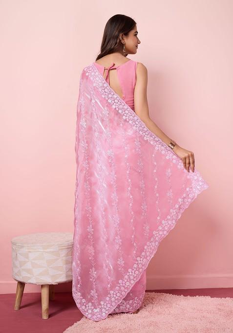 Pink Sequin Embroidered Art Silk Saree Set