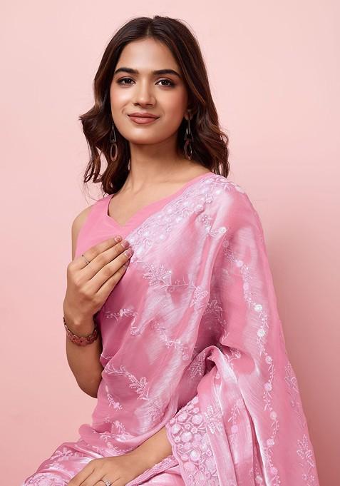 Pink Sequin Embroidered Art Silk Saree Set