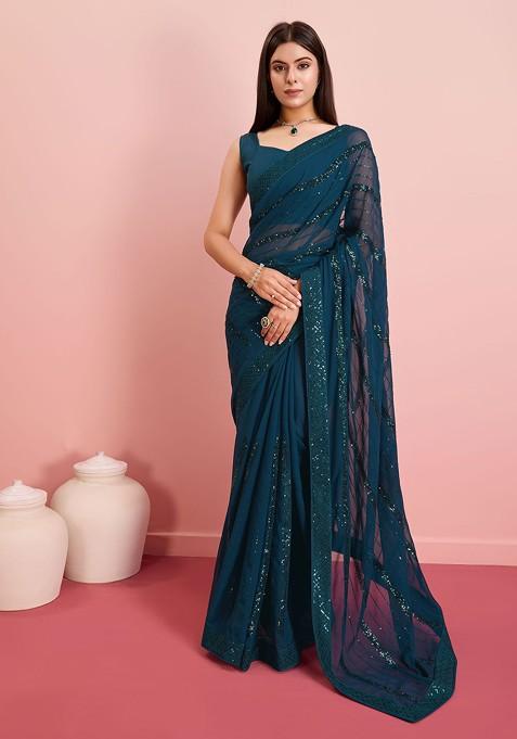 Teal Sequin Embroidered Georgette Saree Set