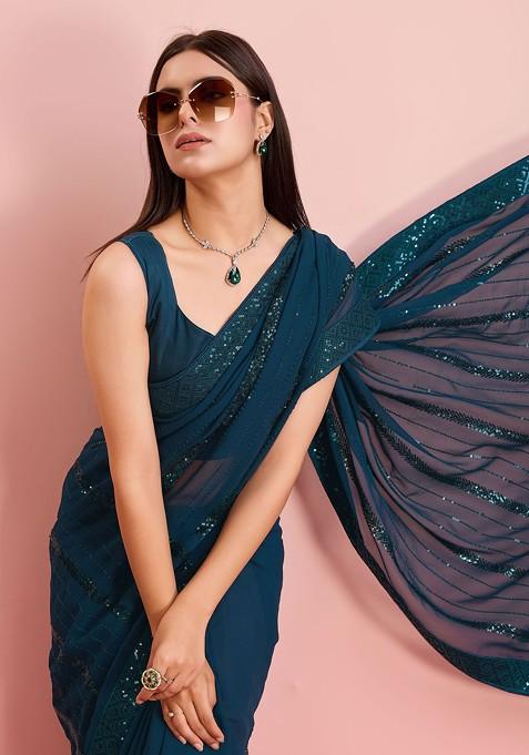 Teal Sequin Embroidered Georgette Saree Set