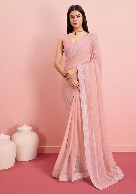 Pink Sequin Embroidered Georgette Saree Set