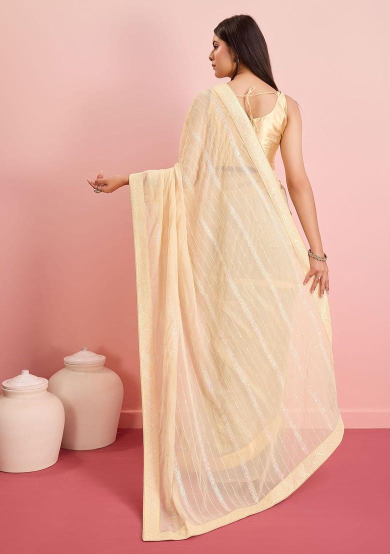 Beige Sequin Embroidered Georgette Saree Set - Indya