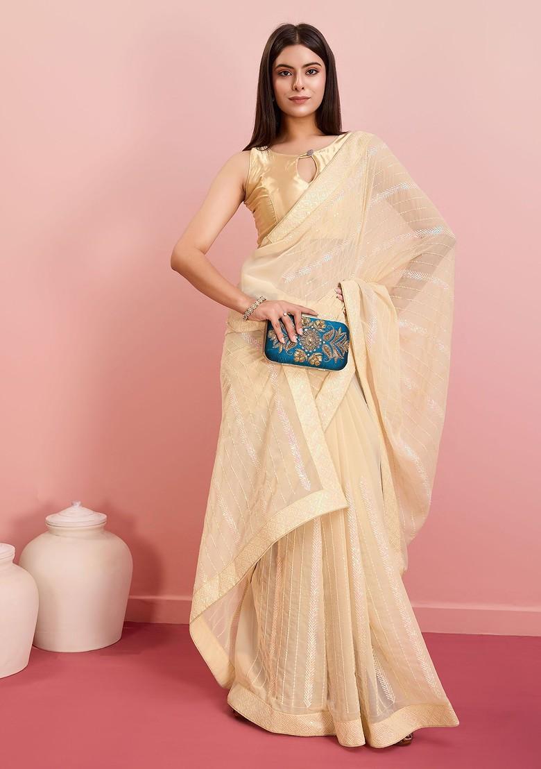 Beige Sequin Embroidered Georgette Saree Set - Indya
