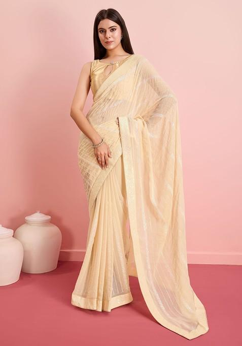 Beige Sequin Embroidered Georgette Saree Set