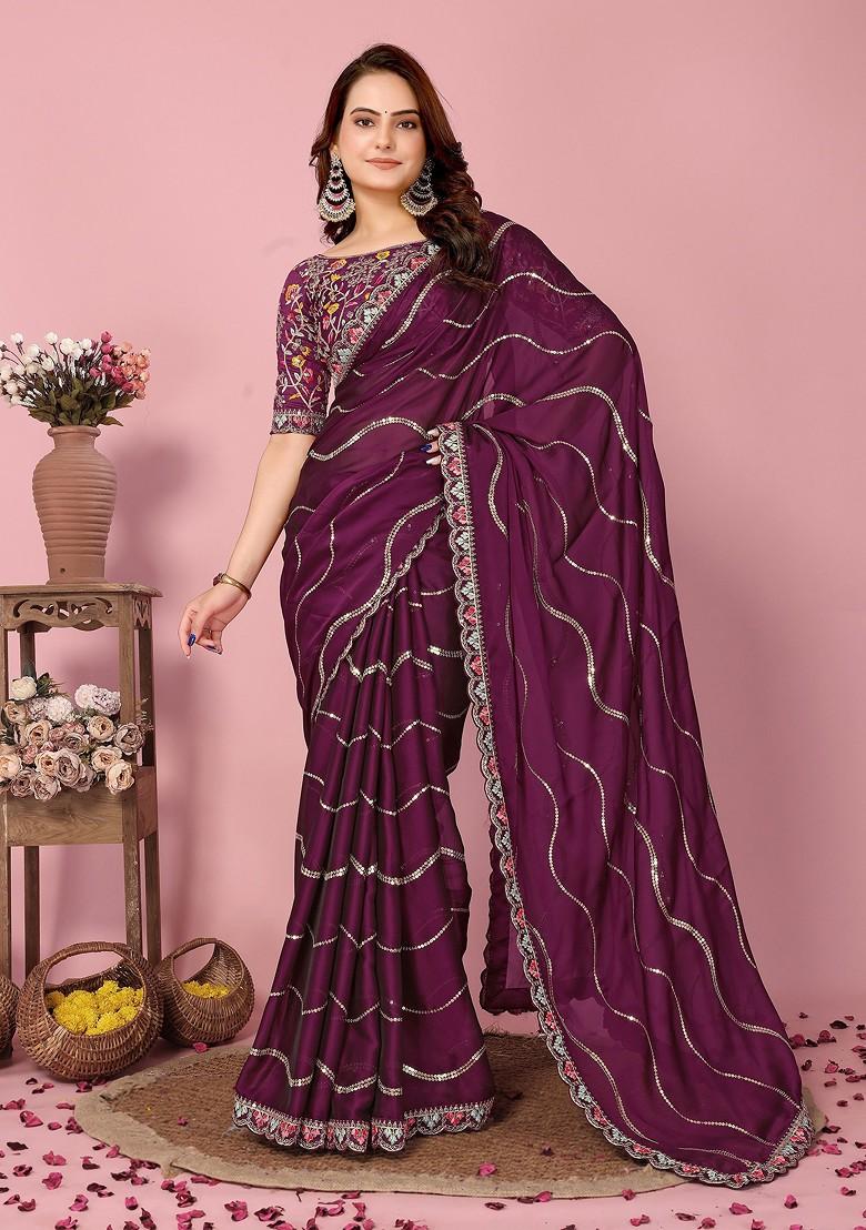 Wine Resham Embroidered Art Silk Saree Set