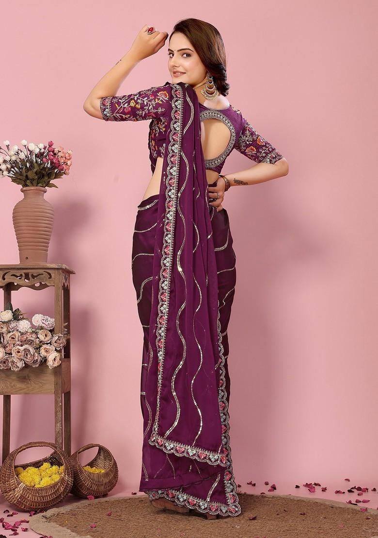 Wine Resham Embroidered Art Silk Saree Set