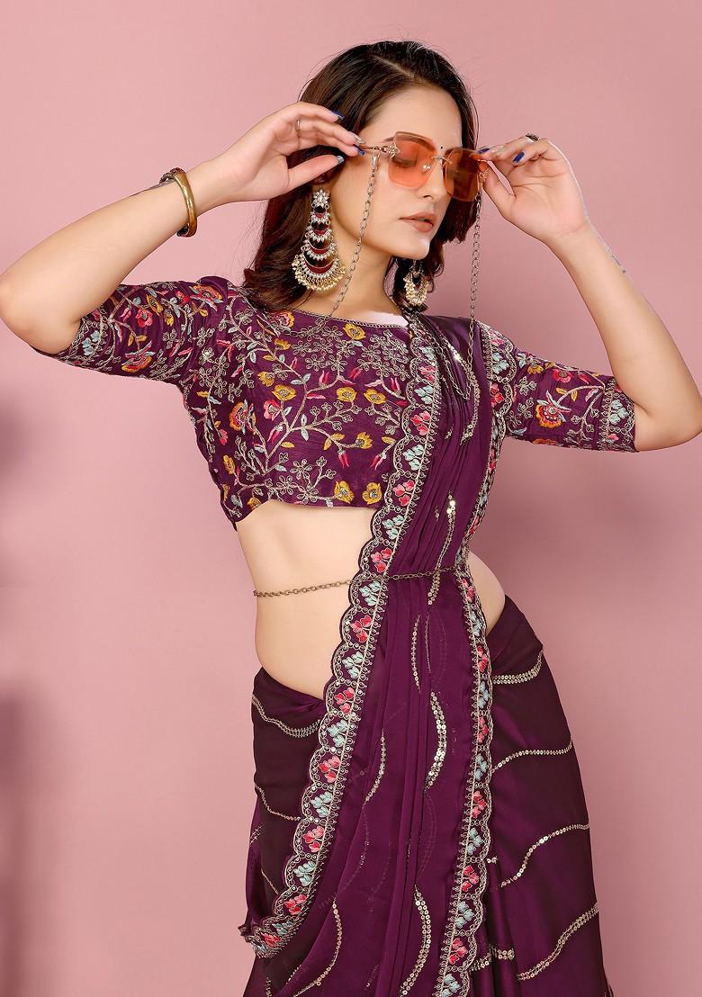 Wine Resham Embroidered Art Silk Saree Set