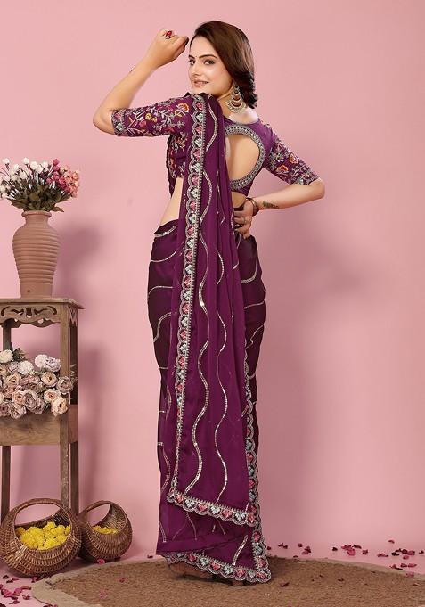 Wine Resham Embroidered Art Silk Saree Set